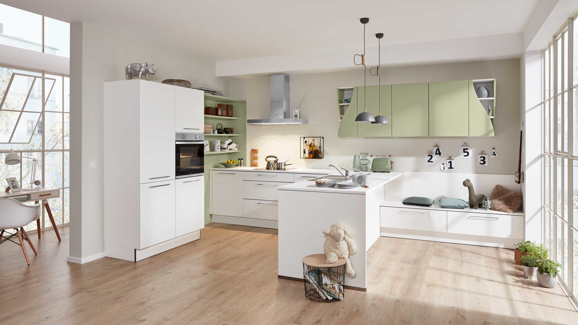Einbauküche Interliving aus Holz in Weiß Interliving Küche Serie 3010 mit privileg Einbaugeräten Weiß & Avocado – vierzeilig