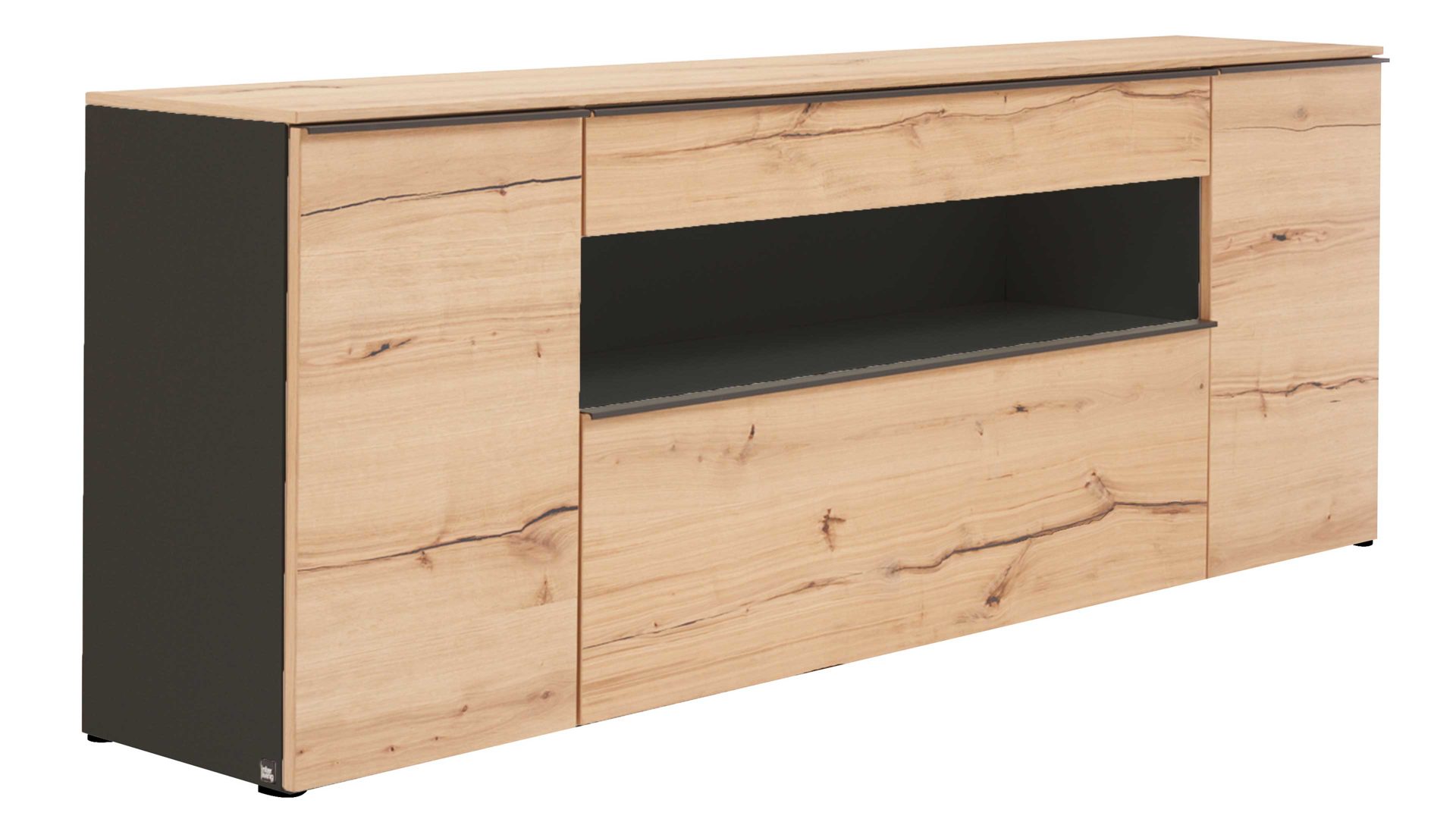 Sideboard Interliving aus Holz in Schwarz Interliving Wohnzimmer Serie 2103 – Sideboard 560711 Schiefer Schwarz & Asteiche - höhenverstellbare Füße