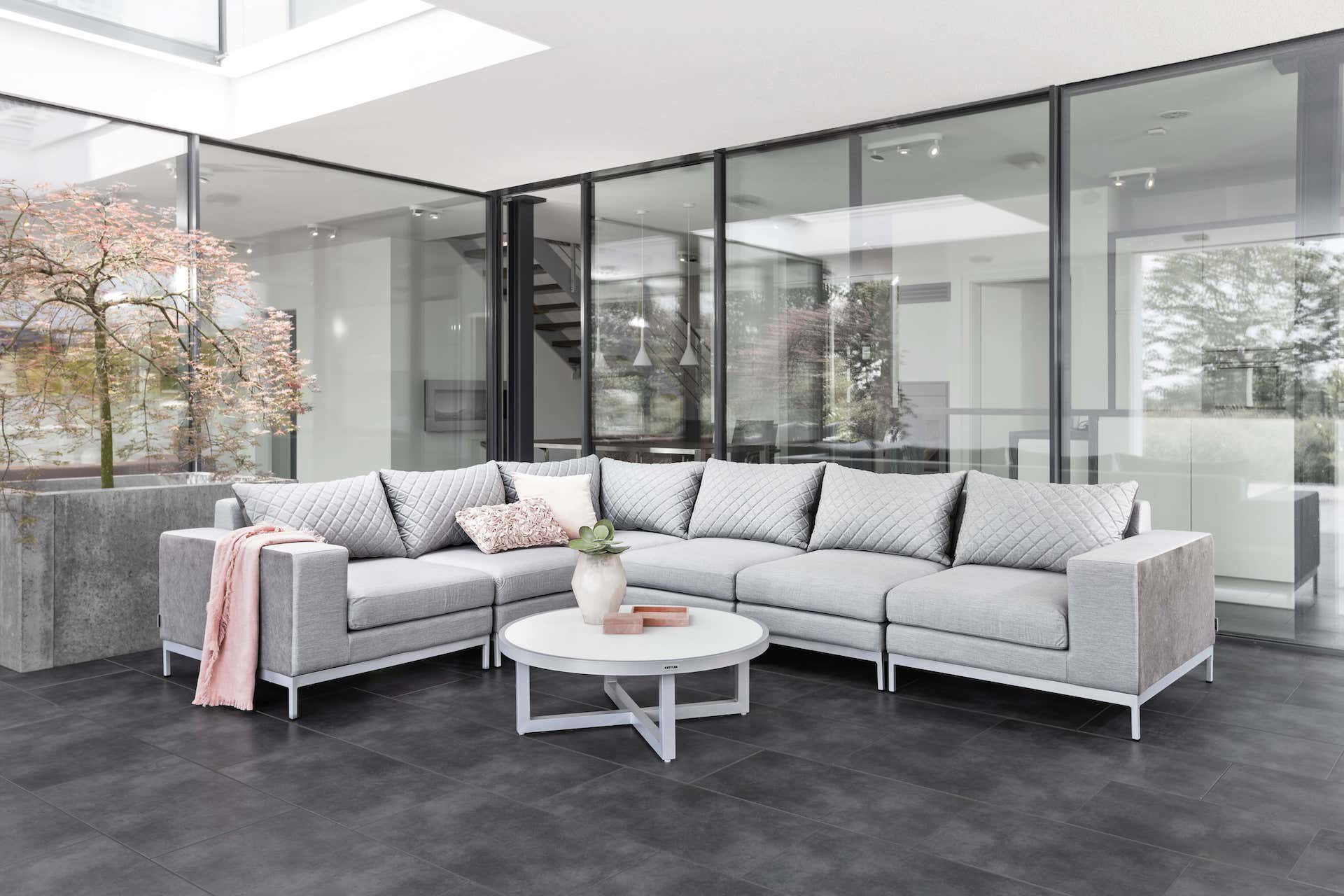 Lounge-Sofa Kettler aus Textil in Hellgrau KETTLER Eck-Outdoor-Lounge Ego Modular hellgrauer Sunbrella-Bezug & graues Aluminium - Stellfläche ca. 326 x 257 cm