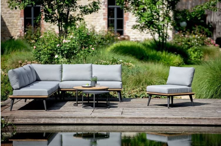 Lounge-Sofa  aus Aluminium Stoff Holz in Grau Anthrazit NIEHOFF Garden Loungegruppe SERRA Ecklounge mit Ecke, 2er & 3er Sofa sowie Sessel