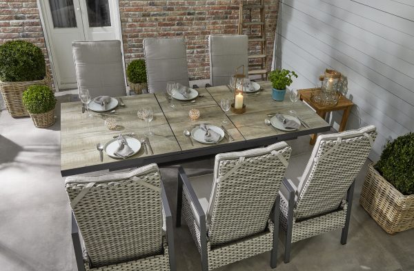 Gartentisch Ploß aus Aluminium Keramik in Grau Beige Anthrazit PLOß Auszugs-Dining-Tisch LA GOMERA Keramikfliese Holzoptik